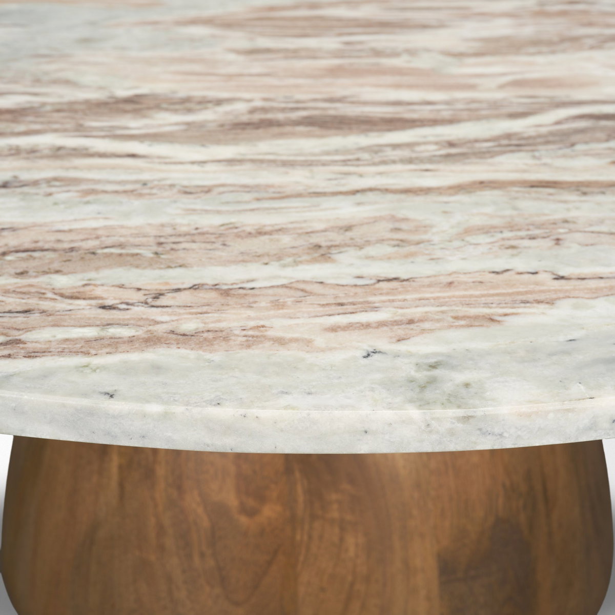 Allyson Round Brown Pedestal with Savar Pink Marble Top Coffee Table, by Mercana, 42" length x 42" width x 16" height View 10