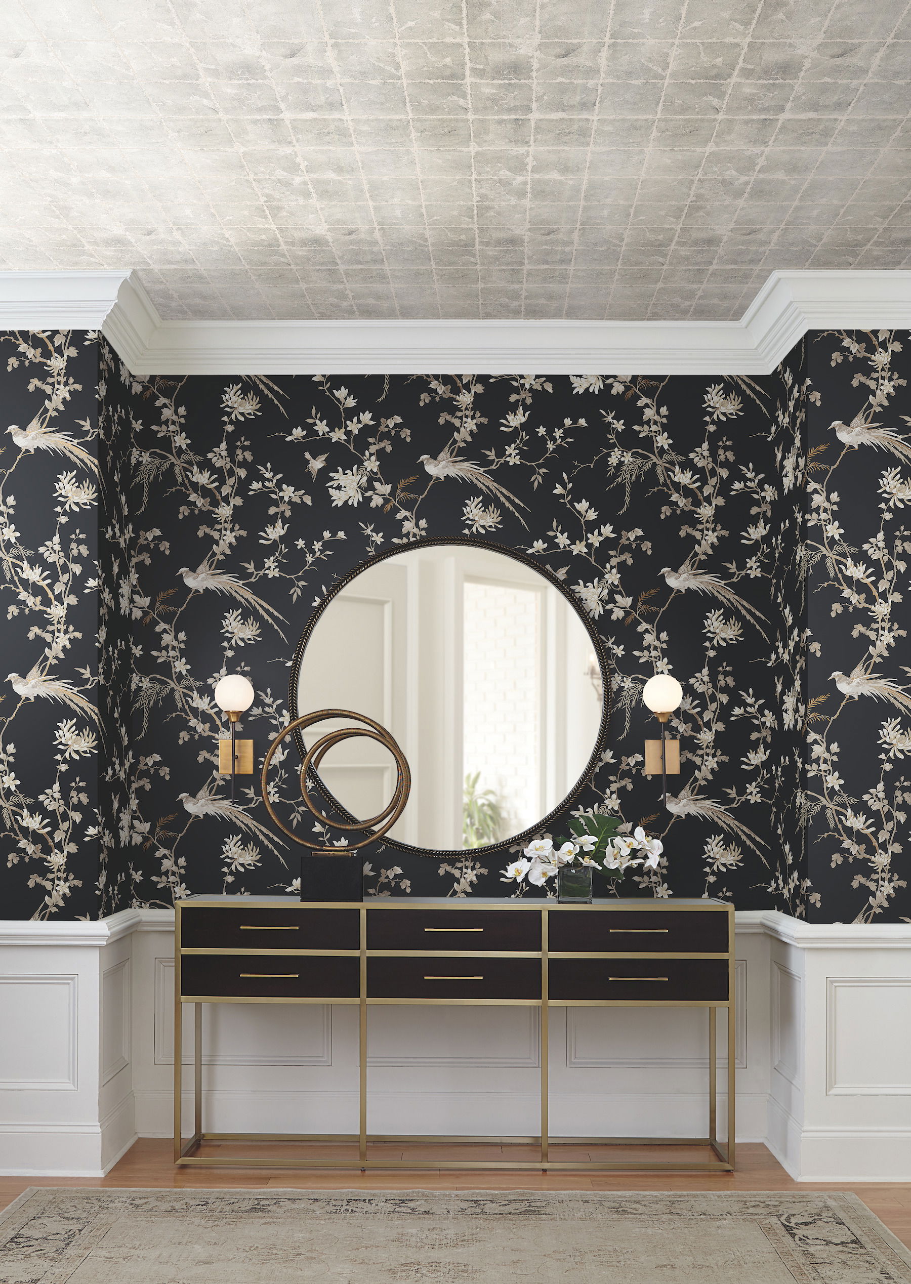 Bird & Blossom Chinoserie Black Wallpaper large image 