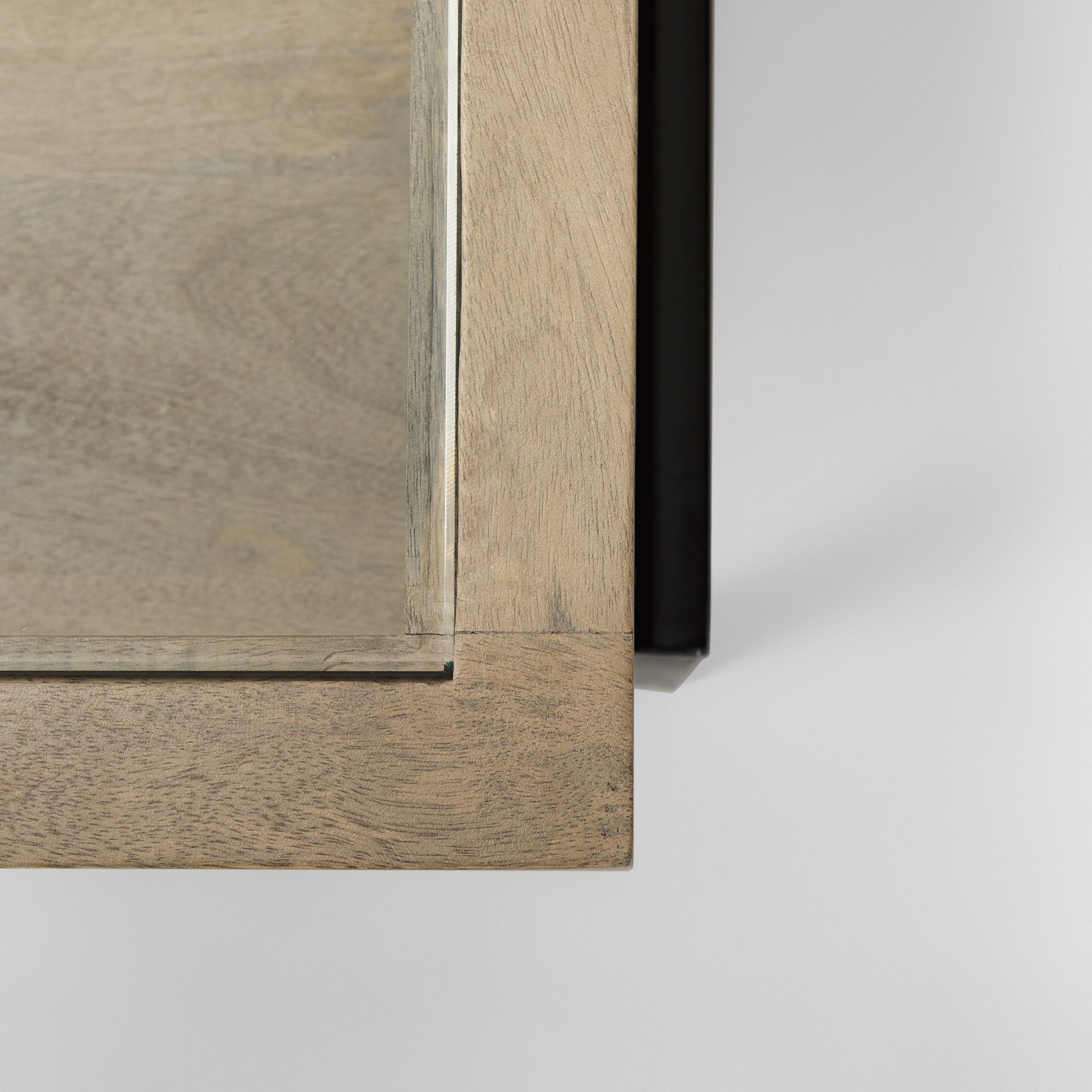 Arelius 42'L Rectangular Light Brown Wood with Black Metal Base Display Coffee Table, by Mercana, 49.5" length x 29.5" width x 15" height View 9