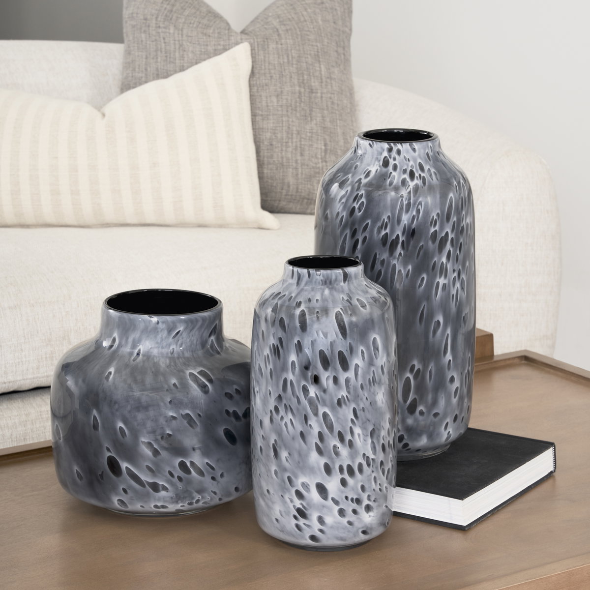 Masai Large Black Mottled Glass Vase, by Mercana, 7.91" length x 7.91" width x 14.96" height View 2