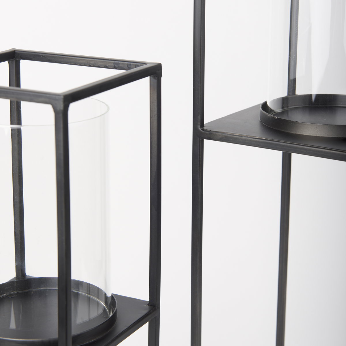 Cindy Set of 2 Matte Black Metal and Hurricane Glass Pillar Tabletop Candle Holders, Candles & Candle Holder by Mercana, 5.91" length x 5.91" width x 23.03" height View 7