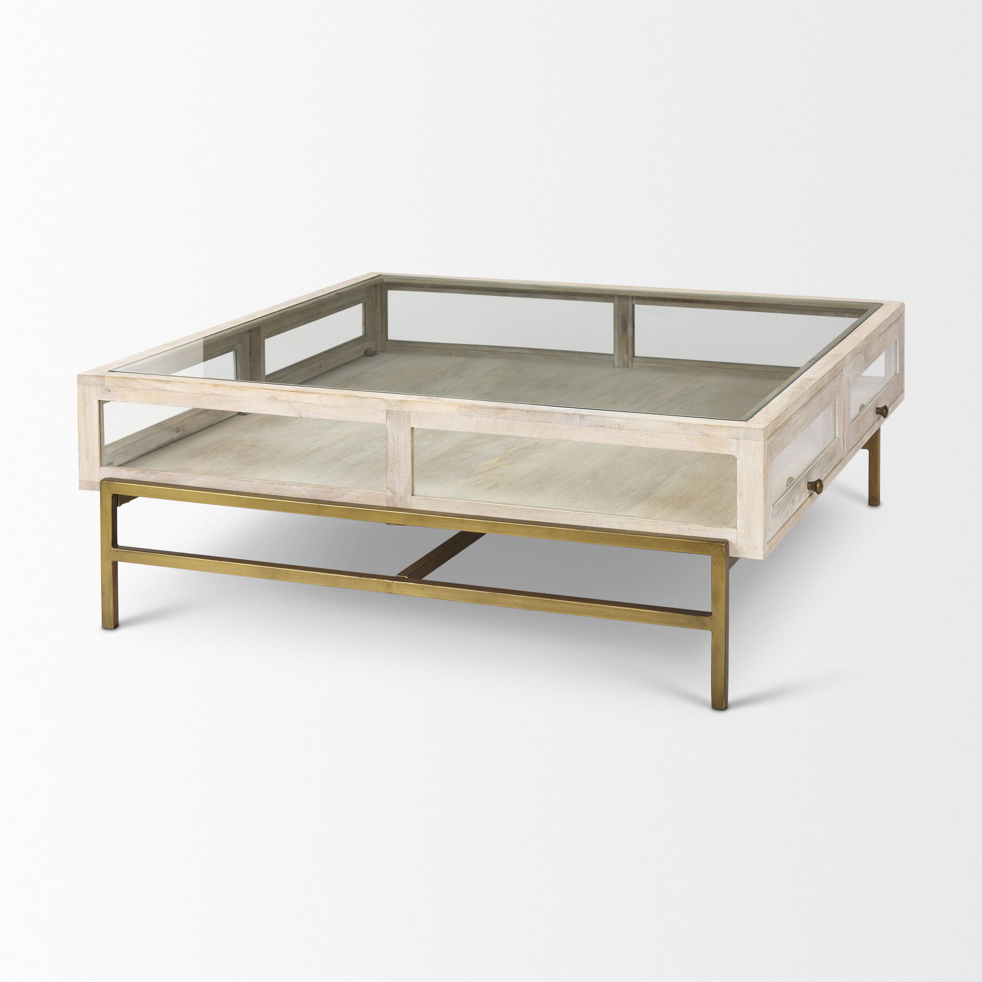 Arelius 42' Square Glass-Top White Wood with Gold Metal Base Display Coffee Table, by Mercana, 43.5" length x 42" width x 15" height View 6