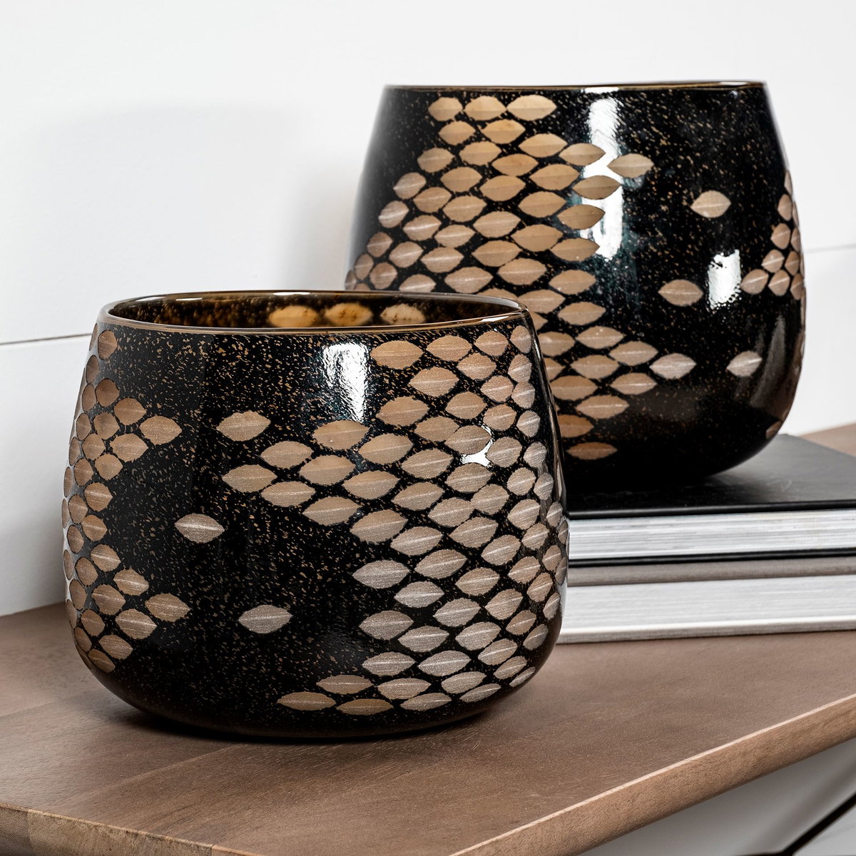 Mojave Small Black and Gold Detail Glass Vase, by Mercana, 7.87" length x 7.87" width x 6.3" height View 3