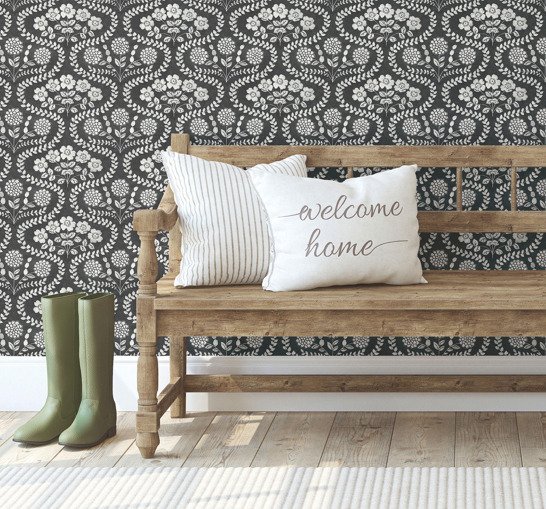 Folksy Floral Black & White Wallpaper large image 