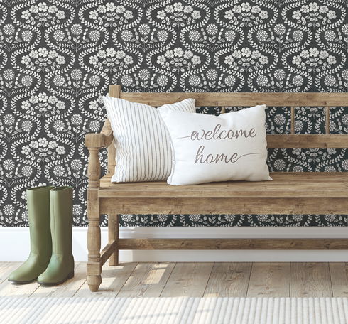 Folksy Floral Black & White Wallpaper