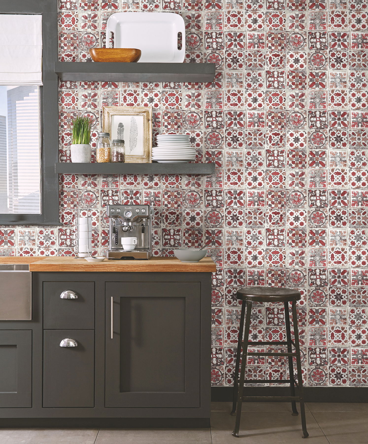 Encaustic Tile Red Peel & Stick Wallpaper large image 