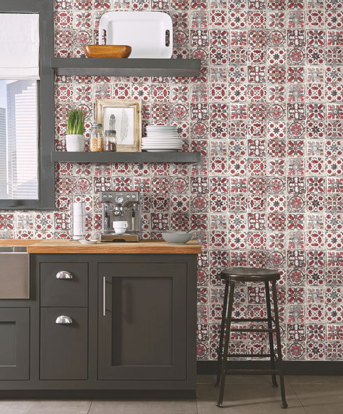 Encaustic Tile Red Peel & Stick Wallpaper