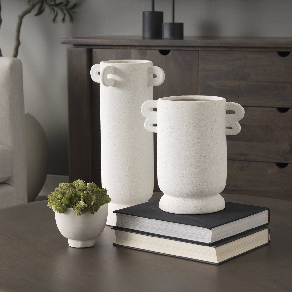 Dylan Small Textured Off White with Handles Ceramic Vase, by Mercana, 6.25" length x 9.5" width x 10" height View 5