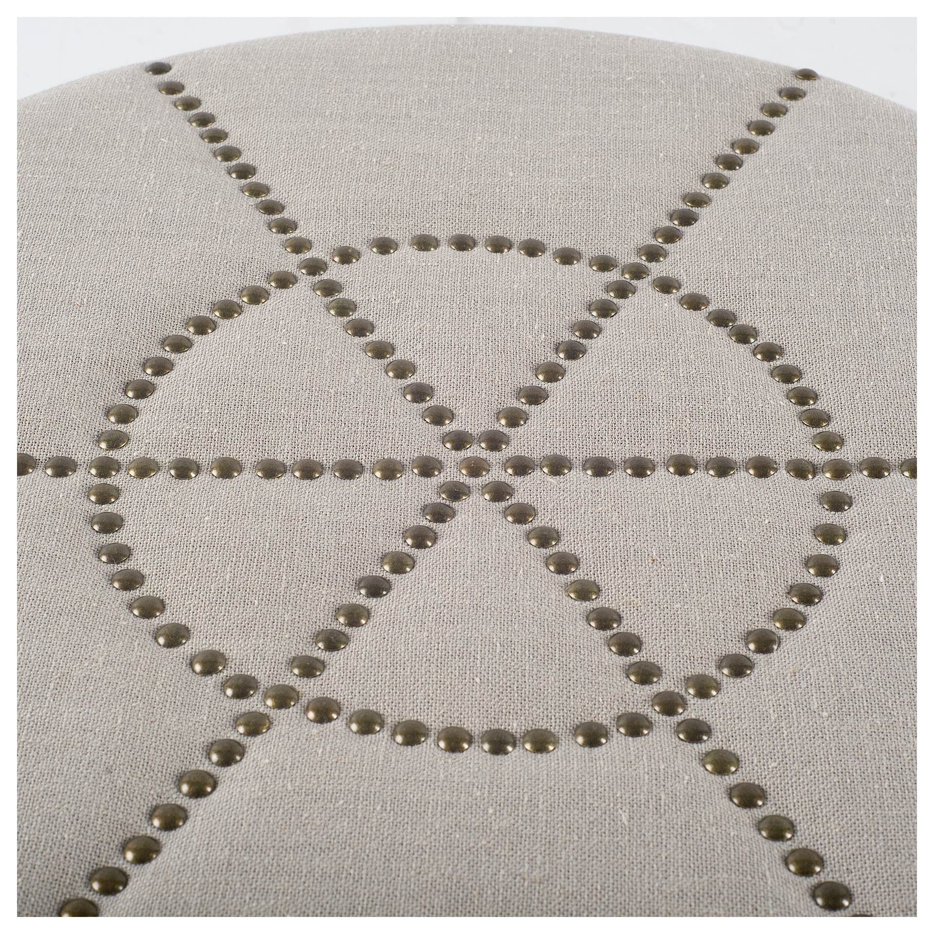 Beacon 20.5'H Cream Fabric with Metal Tacks Round Ottoman, by Mercana, 19.69" length x 19.69" width x 20.75" height View 4
