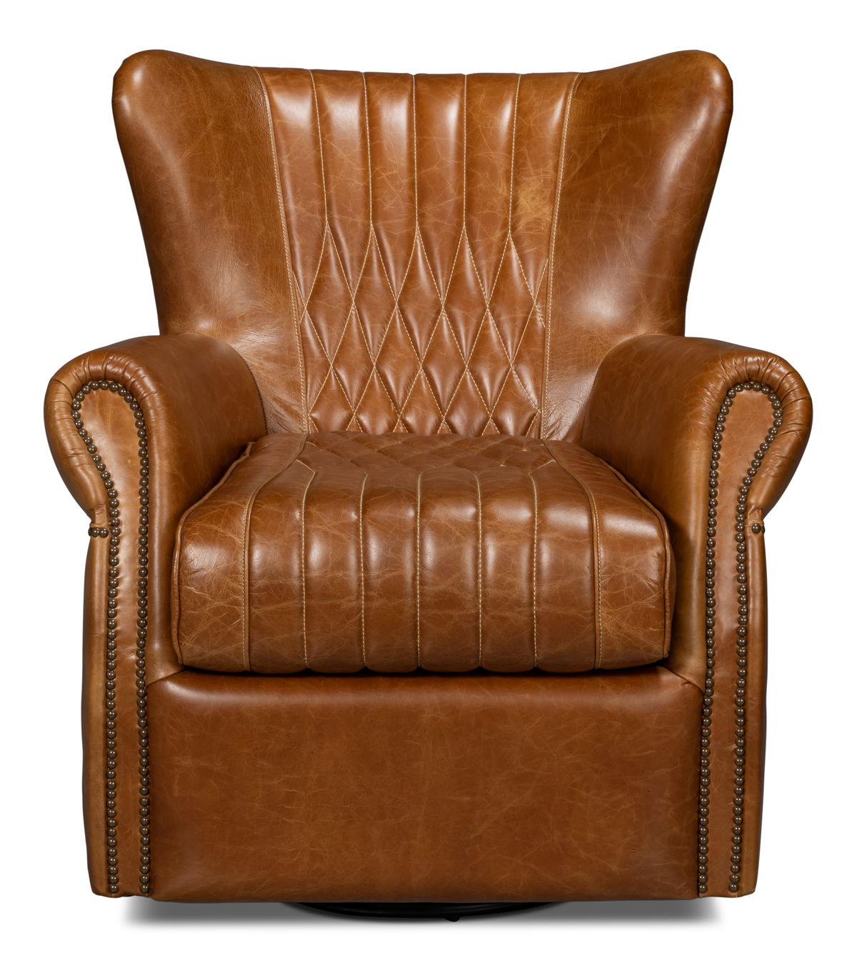 Bugatti Leather Swivel Chair  Cuba Brown, by Sarreid, 2'5" length x 2'8" width x 2'9" height View 2