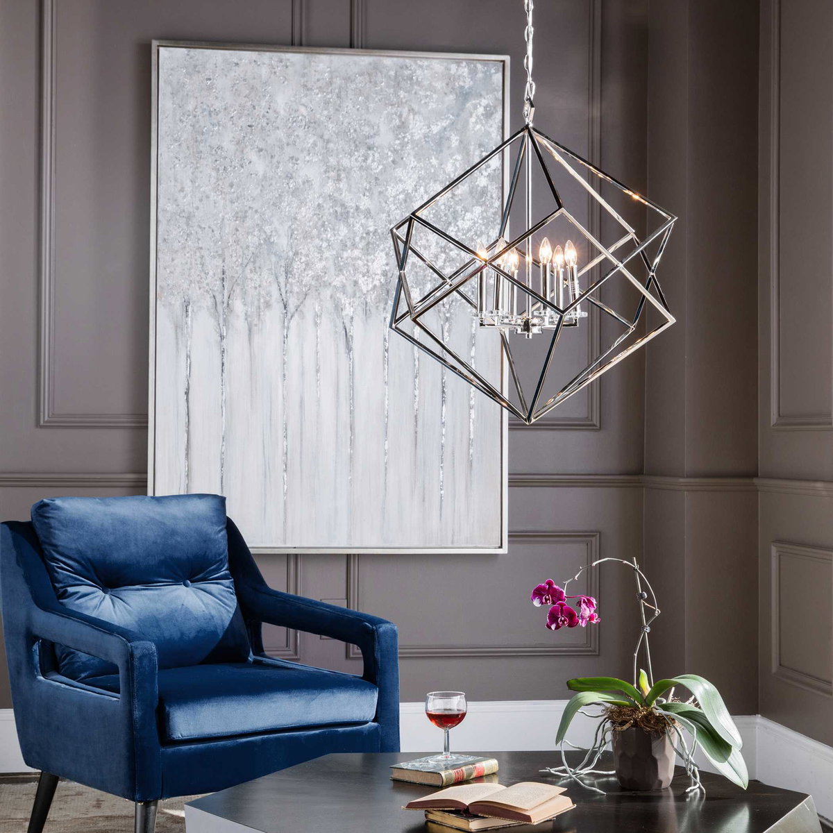 Euclid 6 Light Nickel Cube Pendant, Ceiling Light by Uttermost, 26" width x 30.25" height x 26" diameter x 26" depth View 2