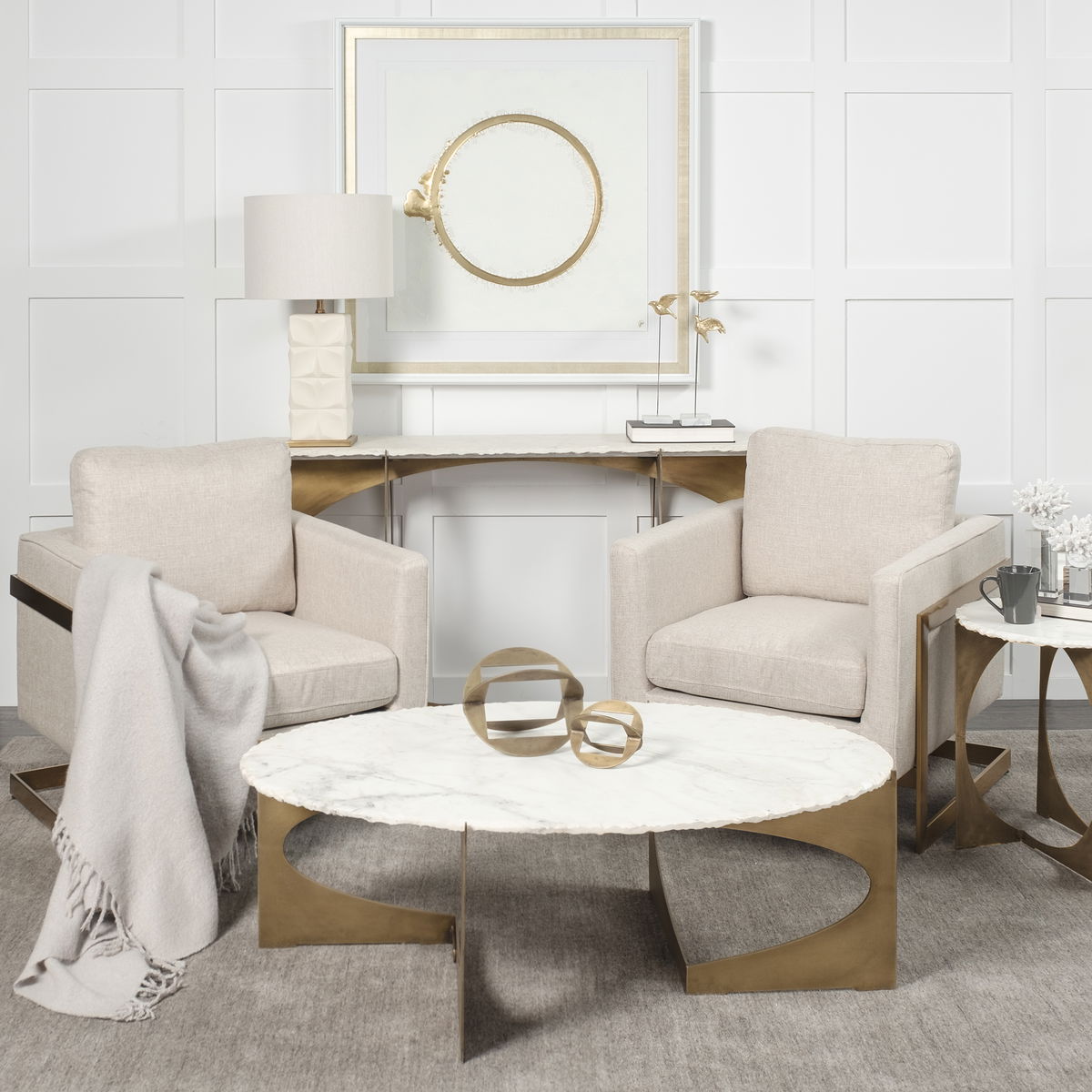 Reinhold 49' Round White Marble Top Gold Metal Base Coffee Table, by Mercana, 49" length x 49" width x 17" height View 3