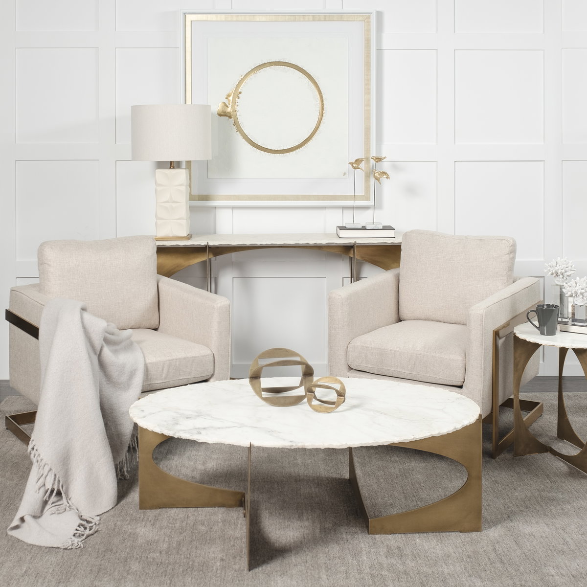 Reinhold 49' Round White Marble Top Gold Metal Base Coffee Table, by Mercana, 49" length x 49" width x 17" height View 3
