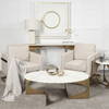 Reinhold 49' Round White Marble Top Gold Metal Base Coffee Table, by Mercana, 49" length x 49" width x 17" height thumbnail 3