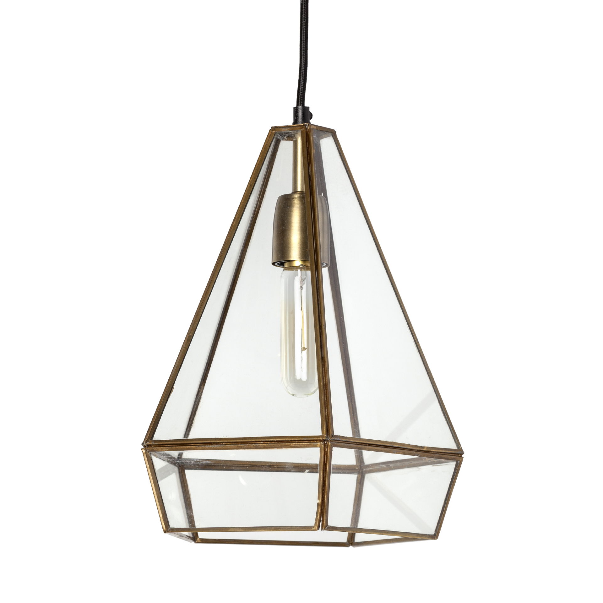 Prima 9.5x12.5 Gold Metal and Glass Pyramid Pendant Light, by Mercana, 9.5" length x 9.5" width x 12.5" height View 1