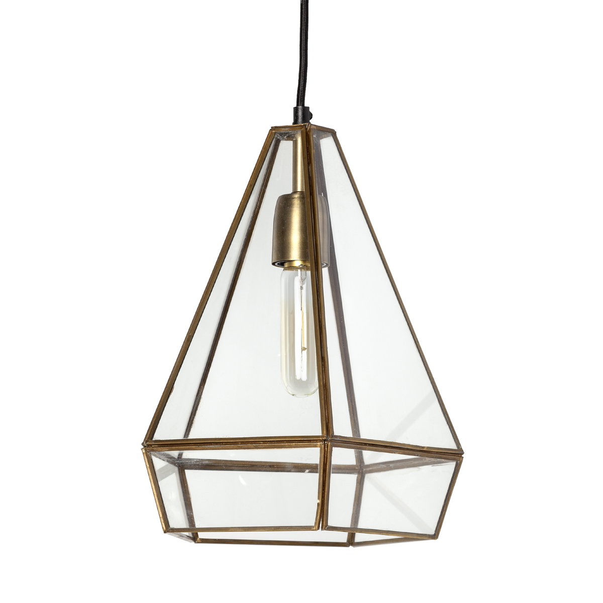 Prima 9.5x12.5 Gold Metal and Glass Pyramid Pendant Light, by Mercana, 9.5" length x 9.5" width x 12.5" height View 1