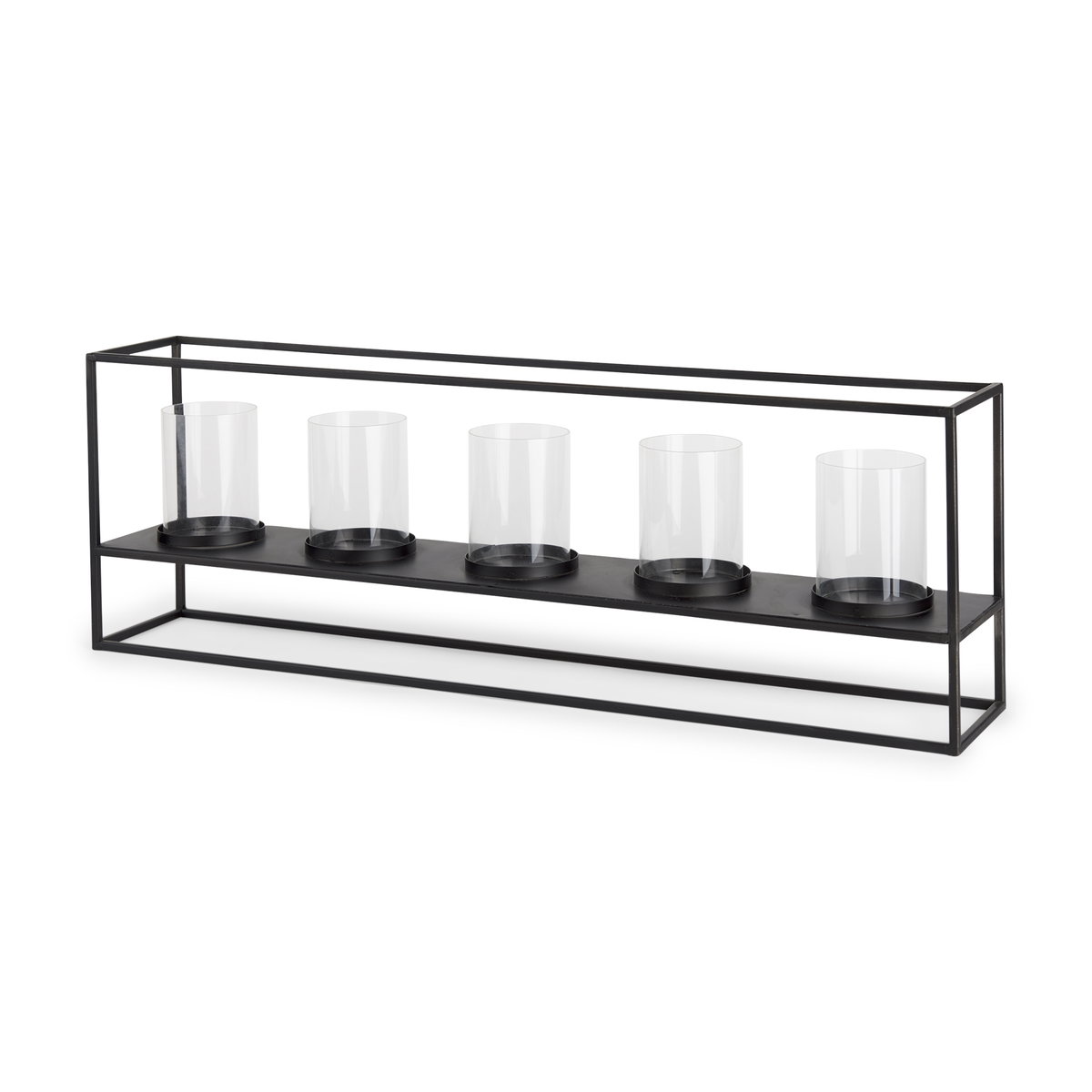 Cindy 5 Candle Matte Black Metal Hurricane Glass Tabletop Candle Holder, Candles & Candle Holder by Mercana, 26.97" length x 4.92" width x 9.06" height View 1