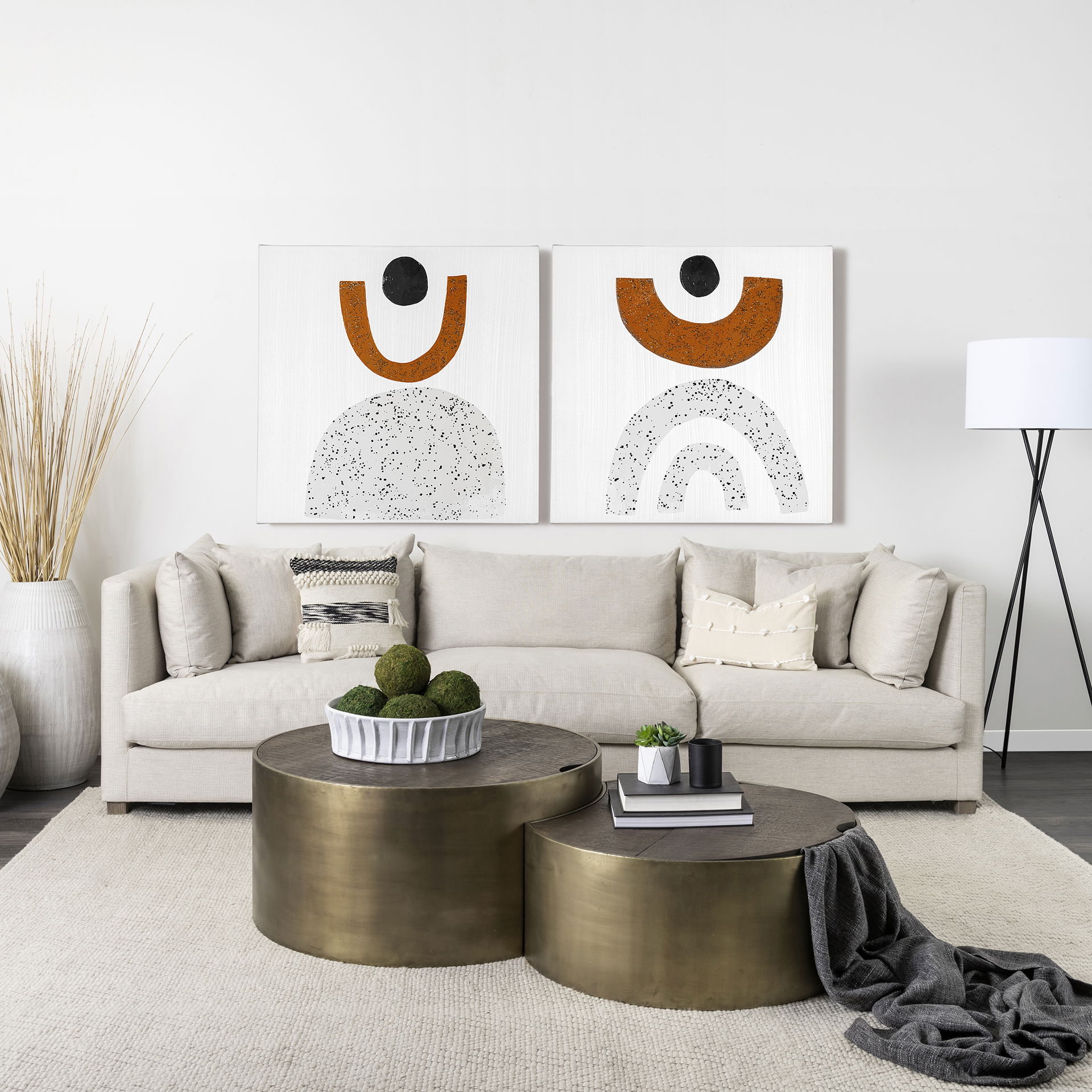 Eclipse Antique Brass Metal Drum Base with Dark Brown Wood Top Nested Coffee Table, by Mercana, 36.22" length x 36.22" width x 17.32" height View 4