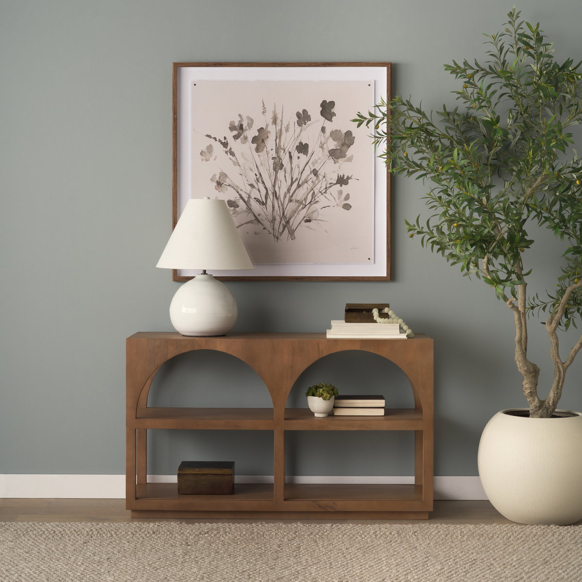 Bela 54' Arched Console Table Medium Brown Wood, by Mercana, 54" length x 16" width x 32" height View 3