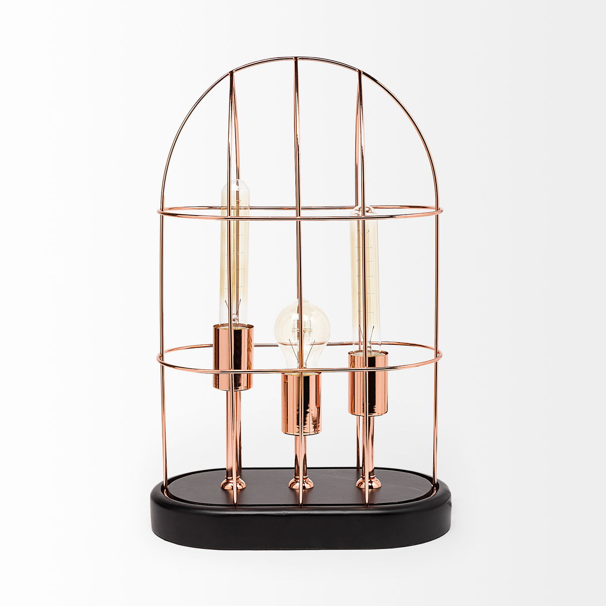 Sutton (19.3'H) Rose-Gold Metal Cylindrical Cage Three Bulb Table Lamp, by Mercana, 12.5" length x 7" width x 19.25" height View 3