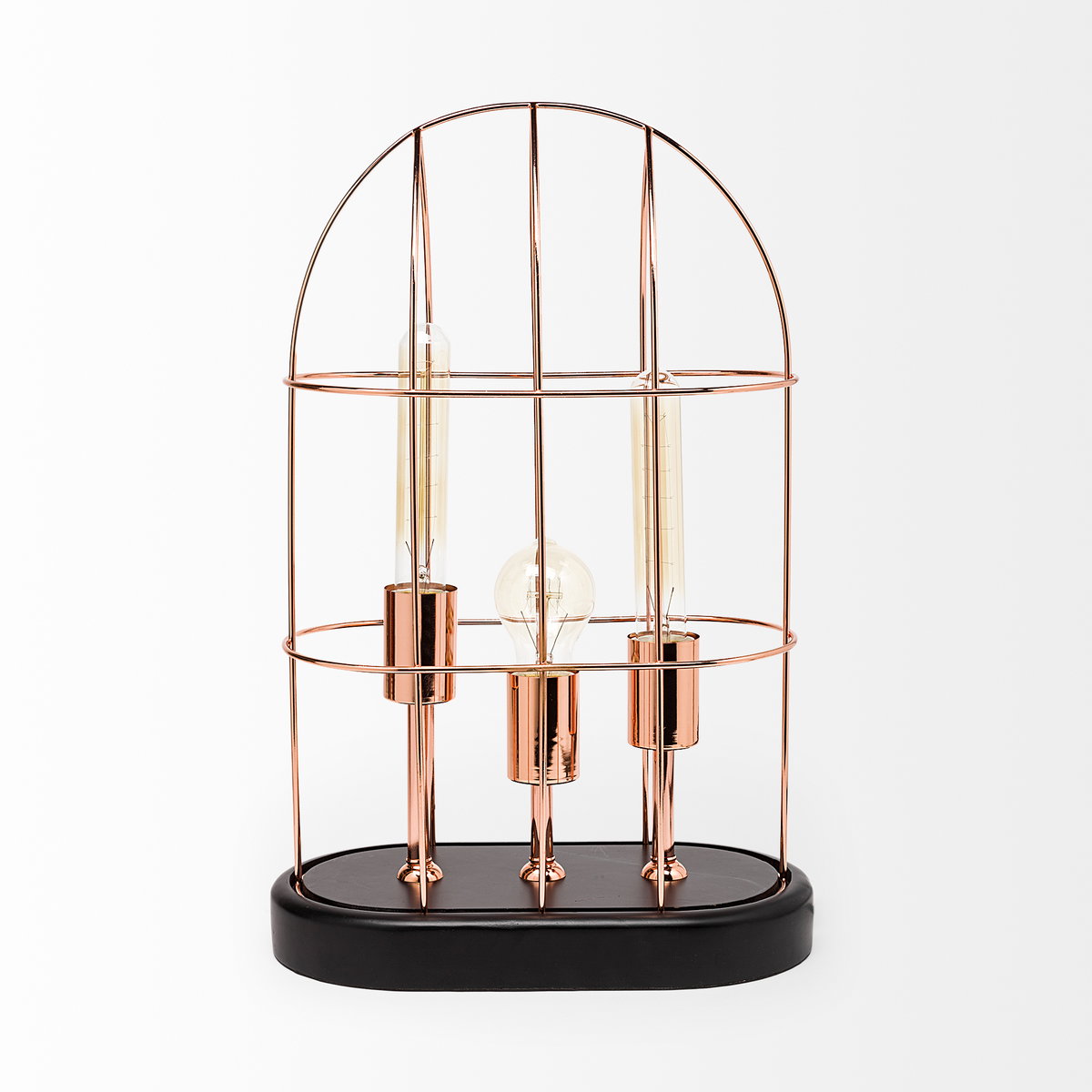 Sutton (19.3'H) Rose-Gold Metal Cylindrical Cage Three Bulb Table Lamp, by Mercana, 12.5" length x 7" width x 19.25" height View 3