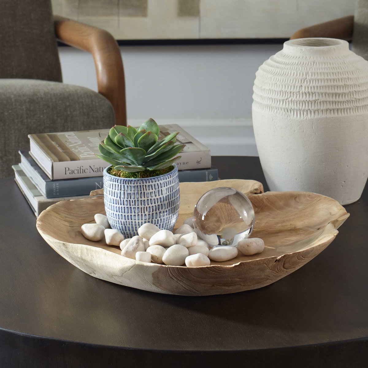 Organic Embrace Outdoor Teak Bowl, Decorative Tray by Uttermost, 19.7" width x 3.54" height x 19.7" depth View 5