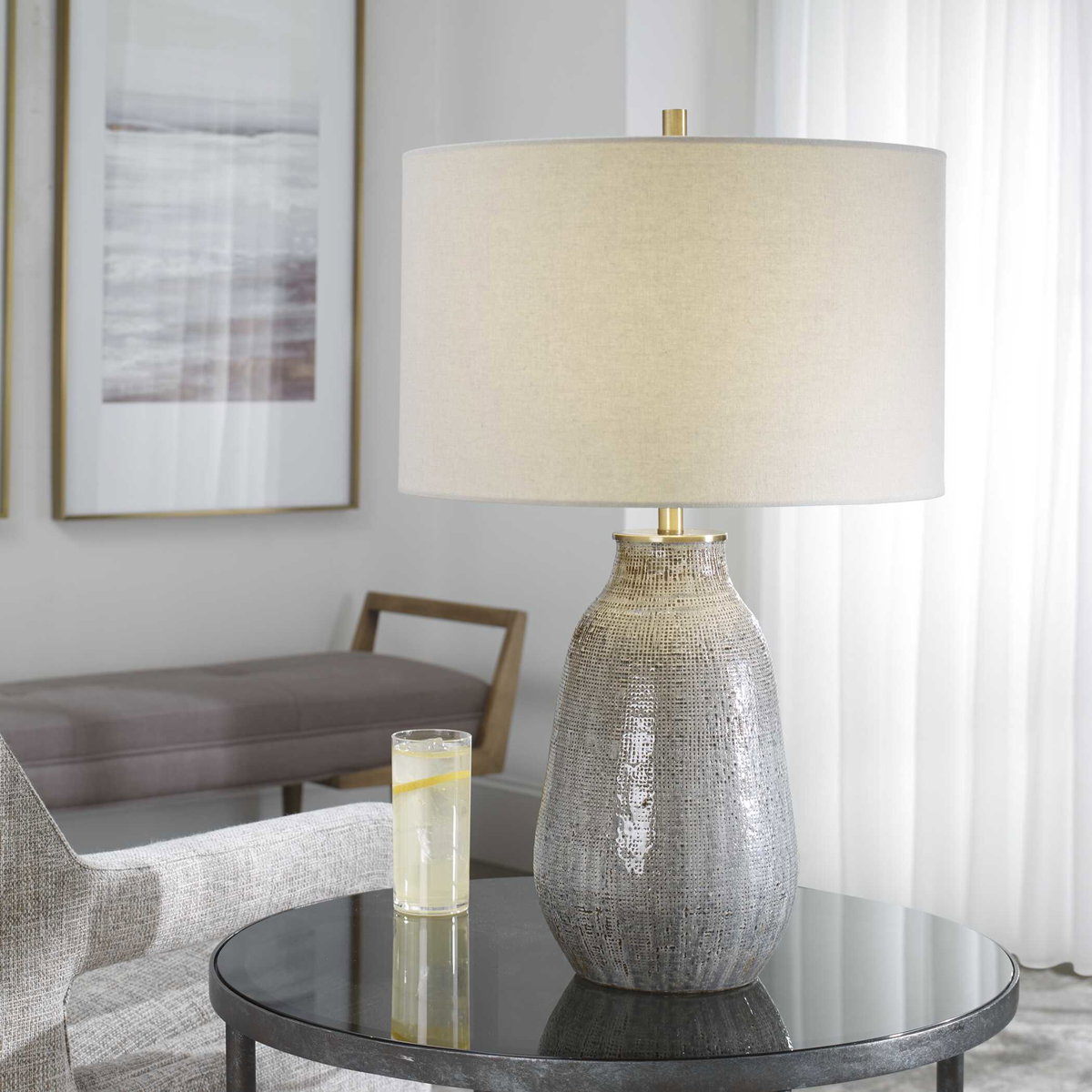 Monacan Gray Textured Table Lamp, by Uttermost, 1'4" width x 2'1.5" height x 1'4" depth View 2