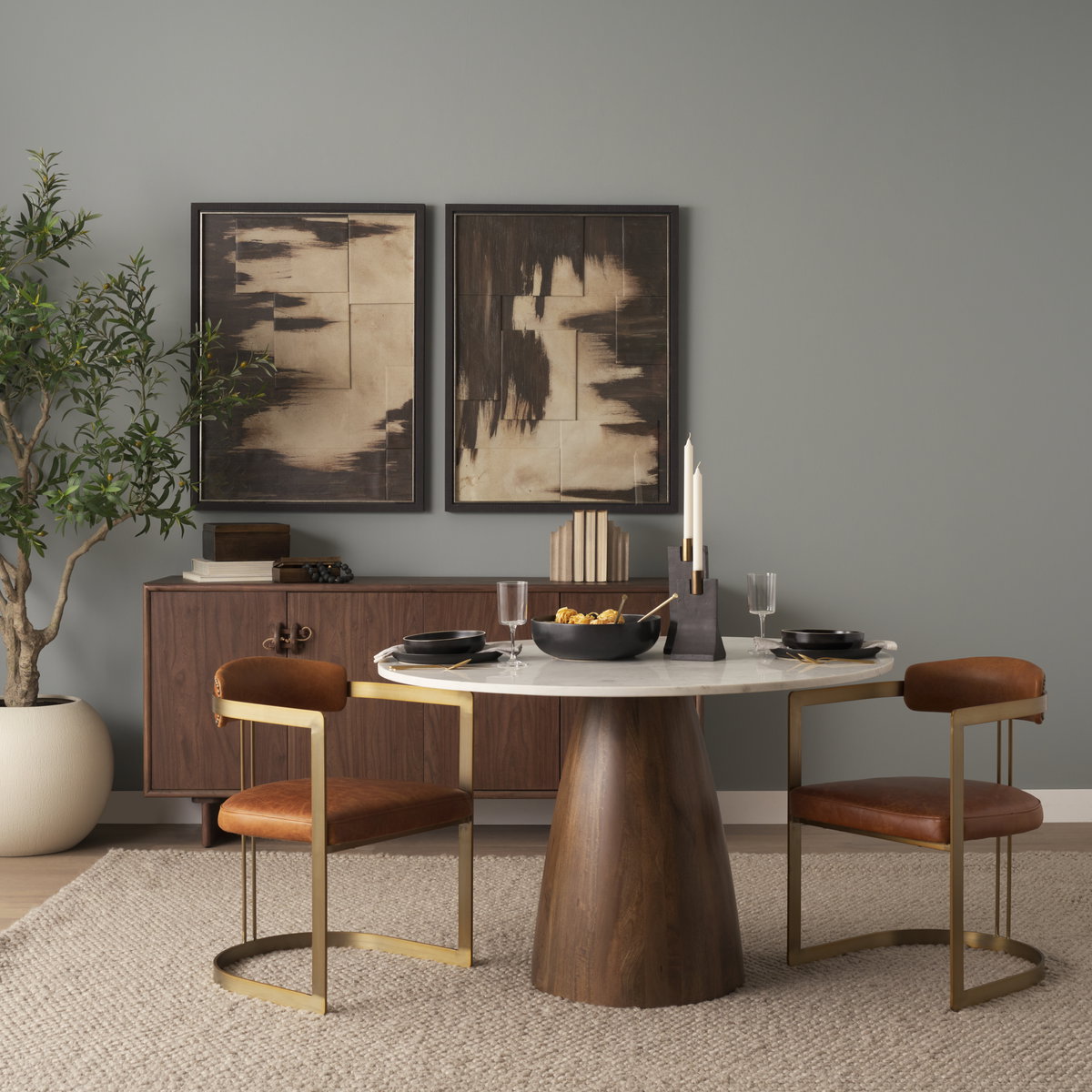 Hollyfield Curved Back Dining Side Chair | Brown Leather with Gold Iron, Dining Chair by Mercana, 20.5" length x 22.5" width x 29.5" height View 2