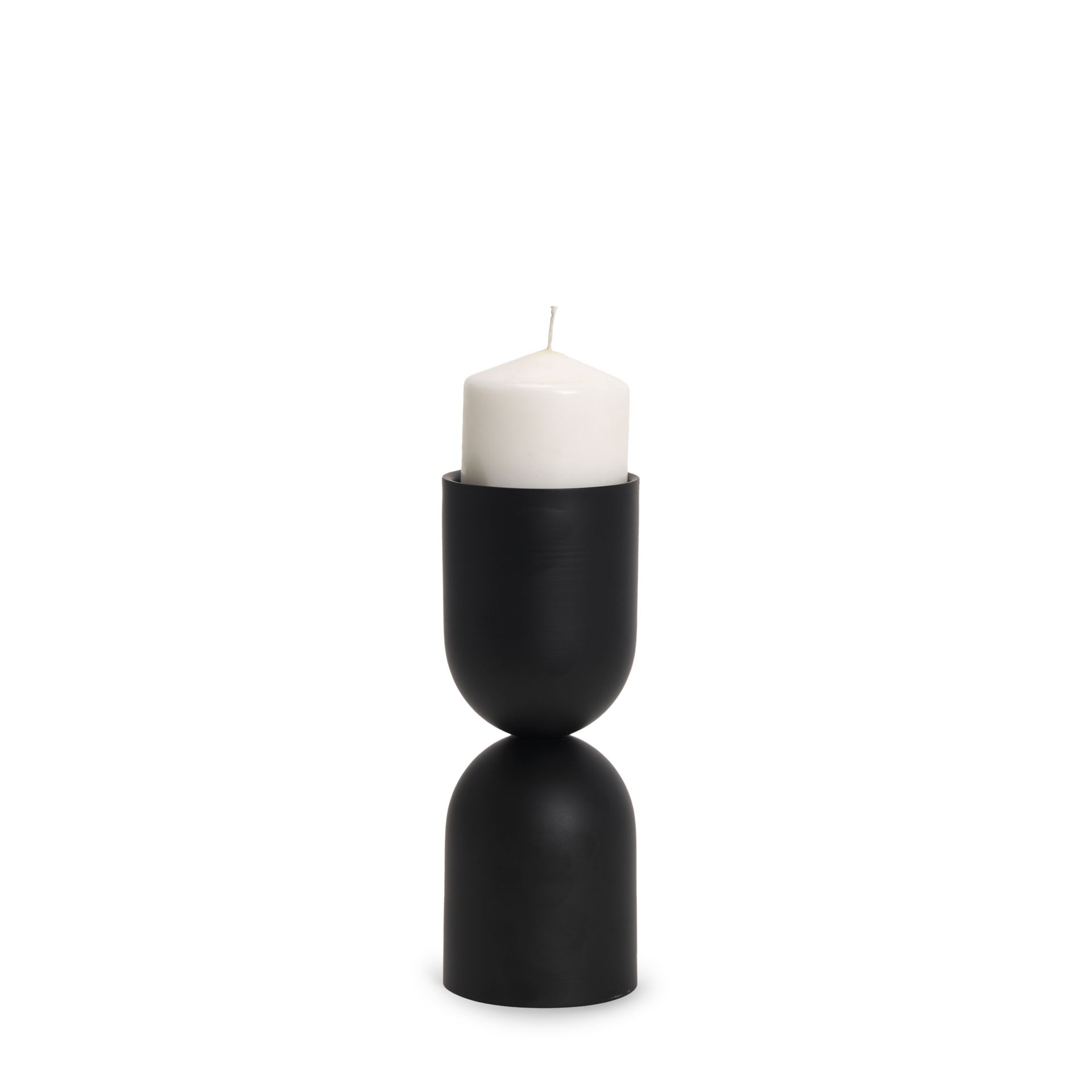 Qamra Short Black Metal Pillar Candle Holder, Candles & Candle Holder by Mercana, 3.5" length x 3.5" width x 9.25" height View 1