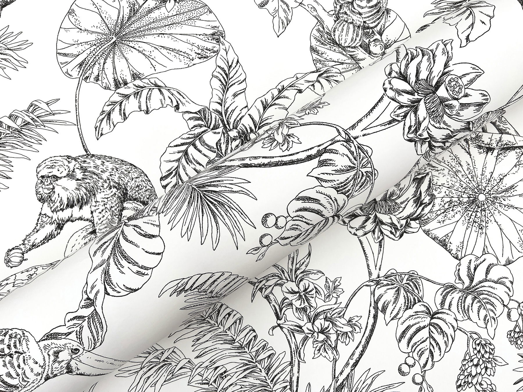 Tropical Sketch Toile Black Wallpaper large image 