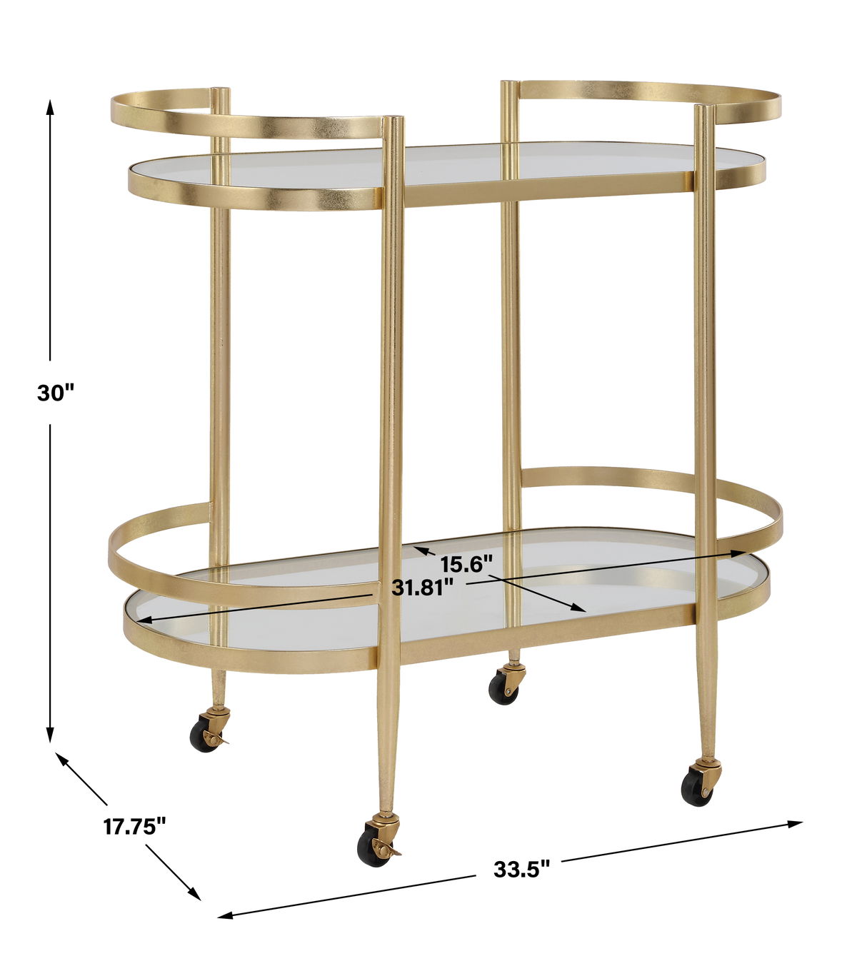 Isabelle Gold Bar Cart, Bar Carts & Cabinet by Uttermost, 33.5" width x 32" height x 17.75" depth View 3