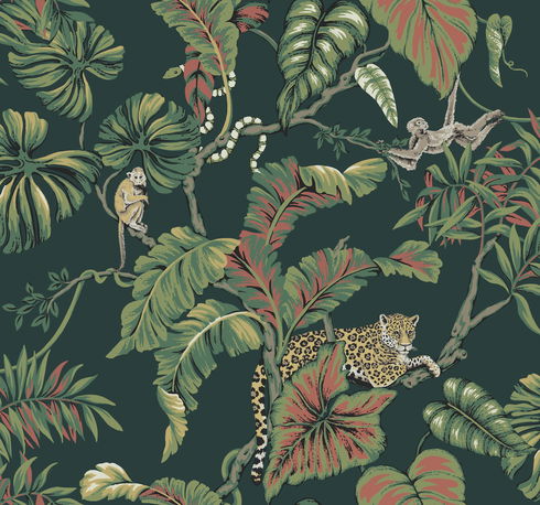 Jungle Cat Dark Green Wallpaper