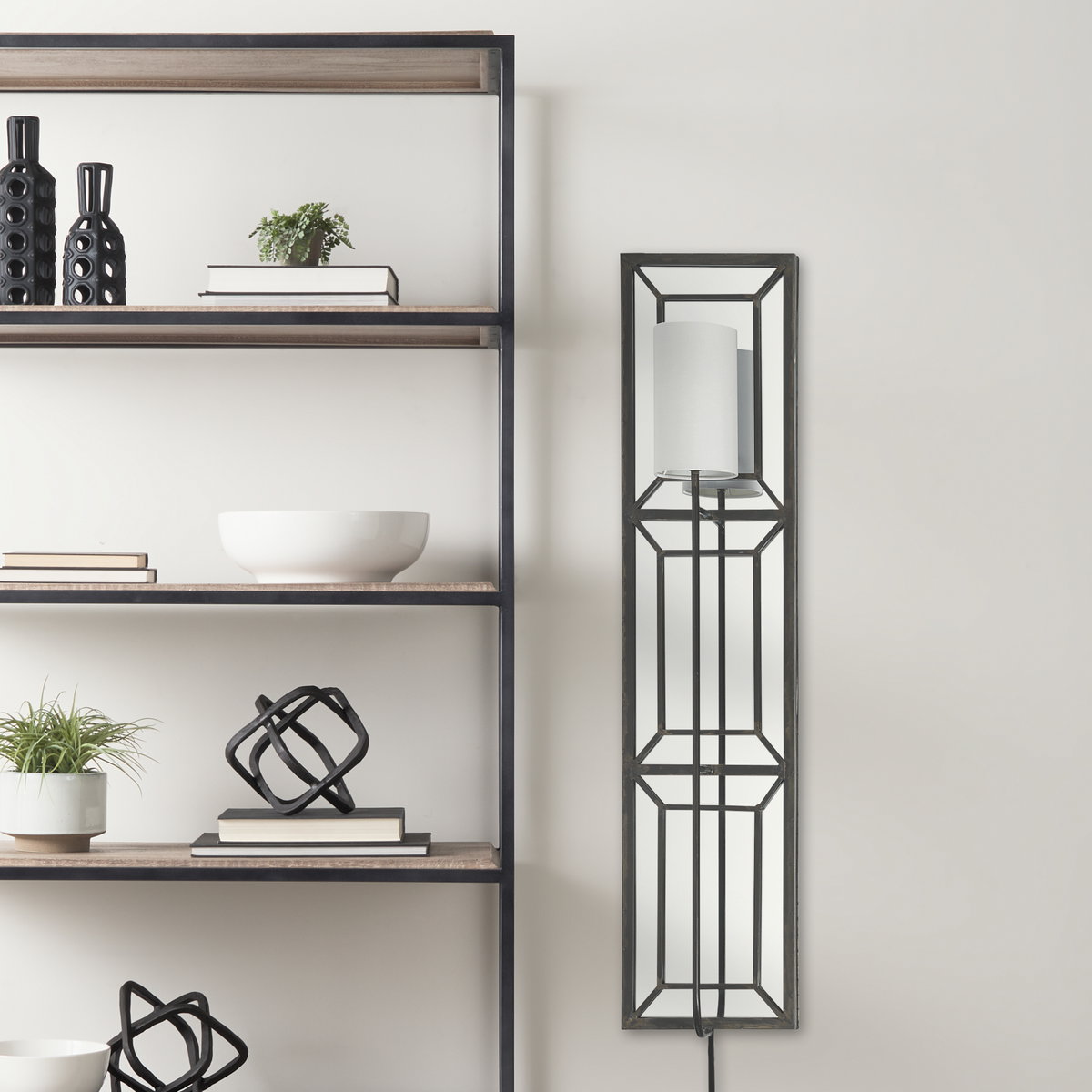Noah 12.2x55 Black Metal with White Fabric Shade Rectangular Wall Sconce, by Mercana, 12.2" length x 7" width x 55" height View 3