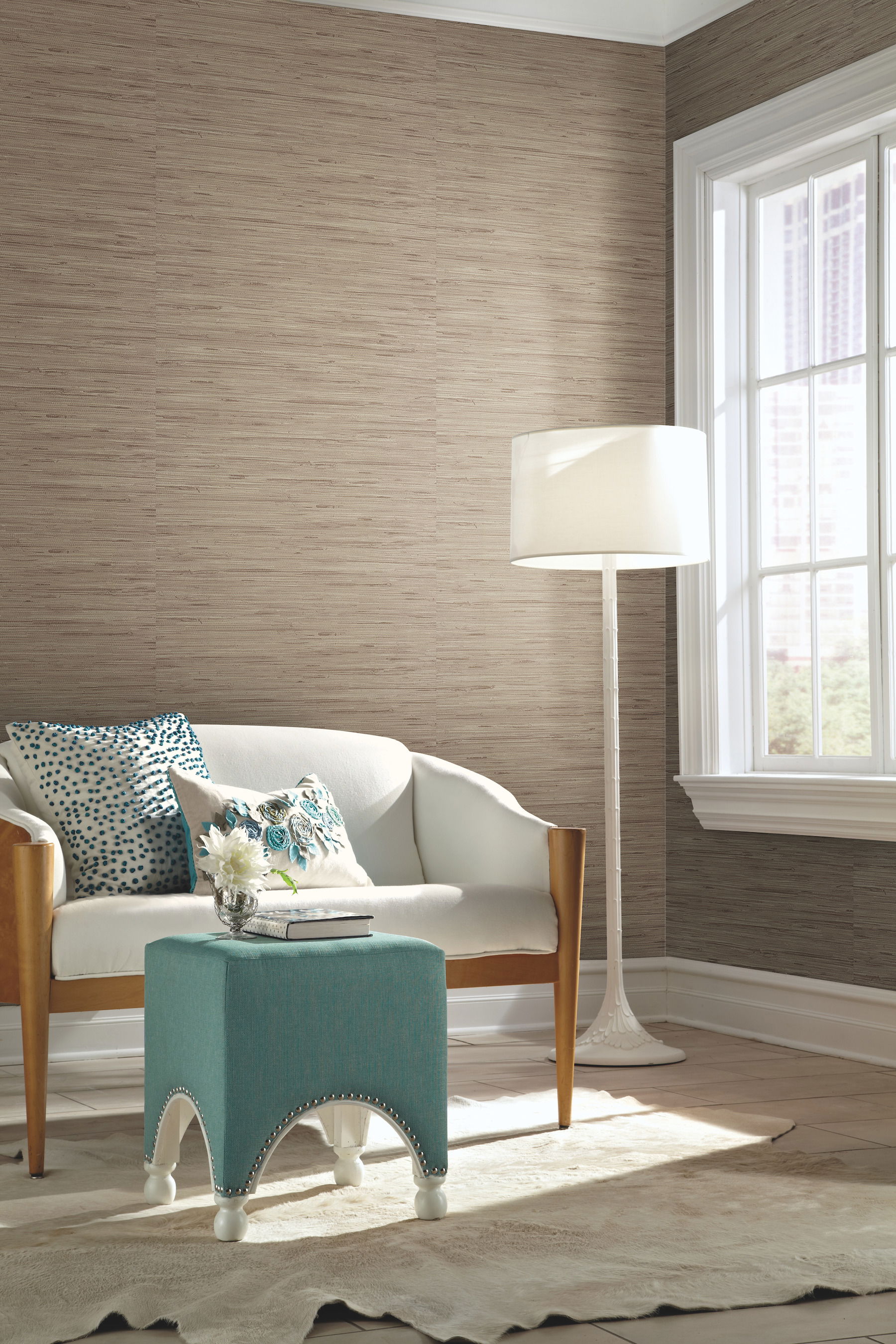 Lustrous Grasscloth Beige Wallpaper, by York Wall, 33' length x 1'8.8" width x 0.02" depth View 3