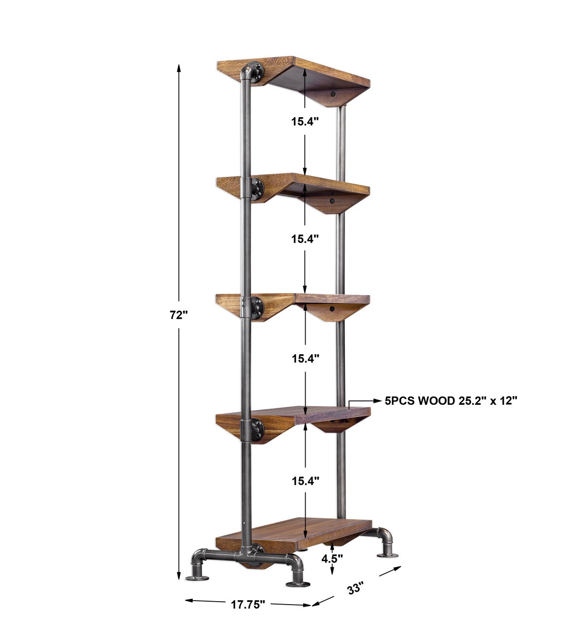 Rhordyn Industrial Etagere, Shelving & Bookcase by Uttermost, 33" width x 72" height x 17.75" depth View 3