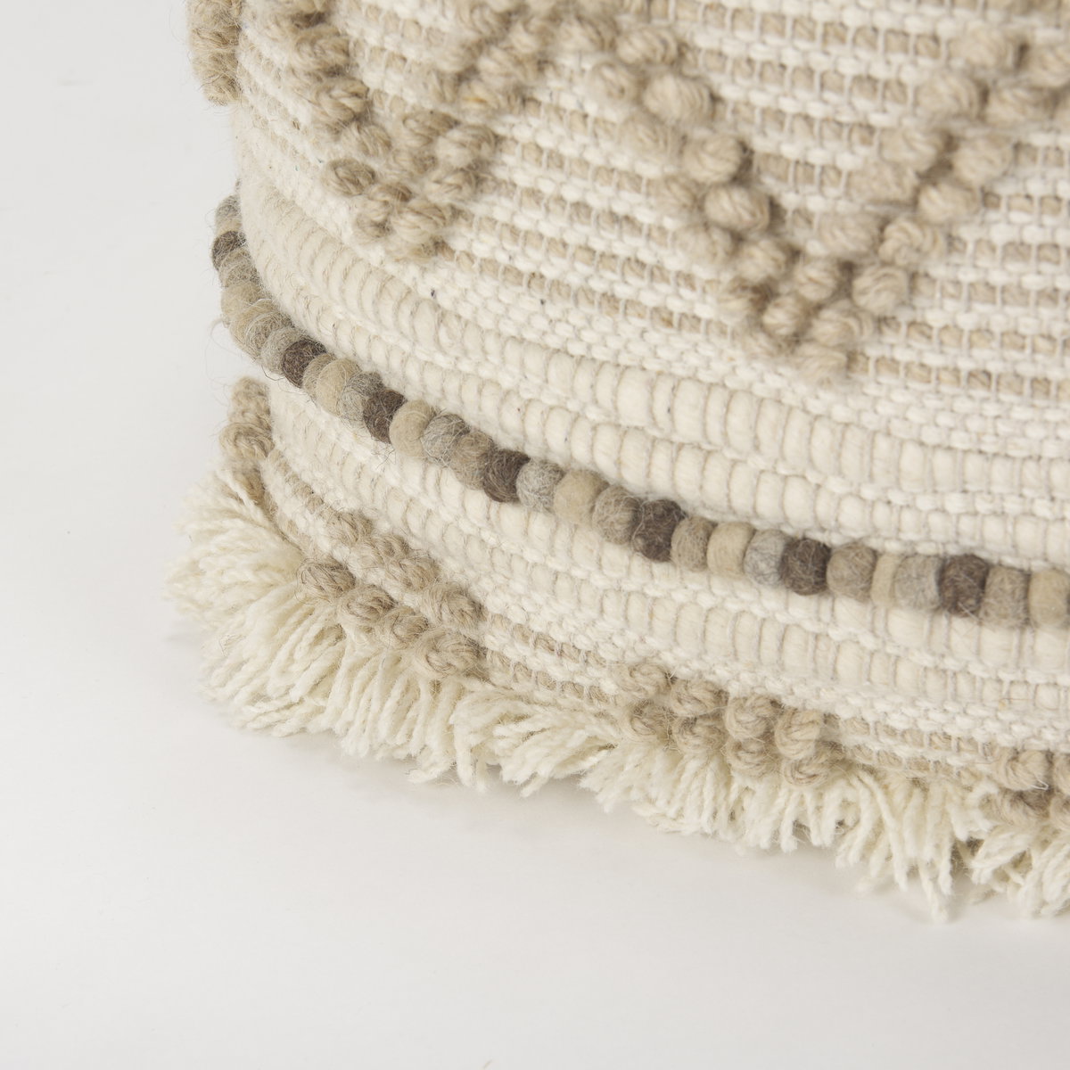 Caela Beige/Brown Wool, Cotton and Felt Popcorn Stitch Square Pouf, Ottoman by Mercana, 18" length x 18" width x 18" height View 7