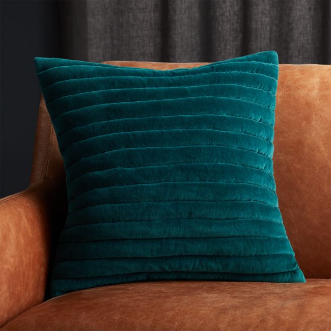 Online Designer Bedroom 18" Channeled Teal Velvet Pillow with Feather-Down Insert