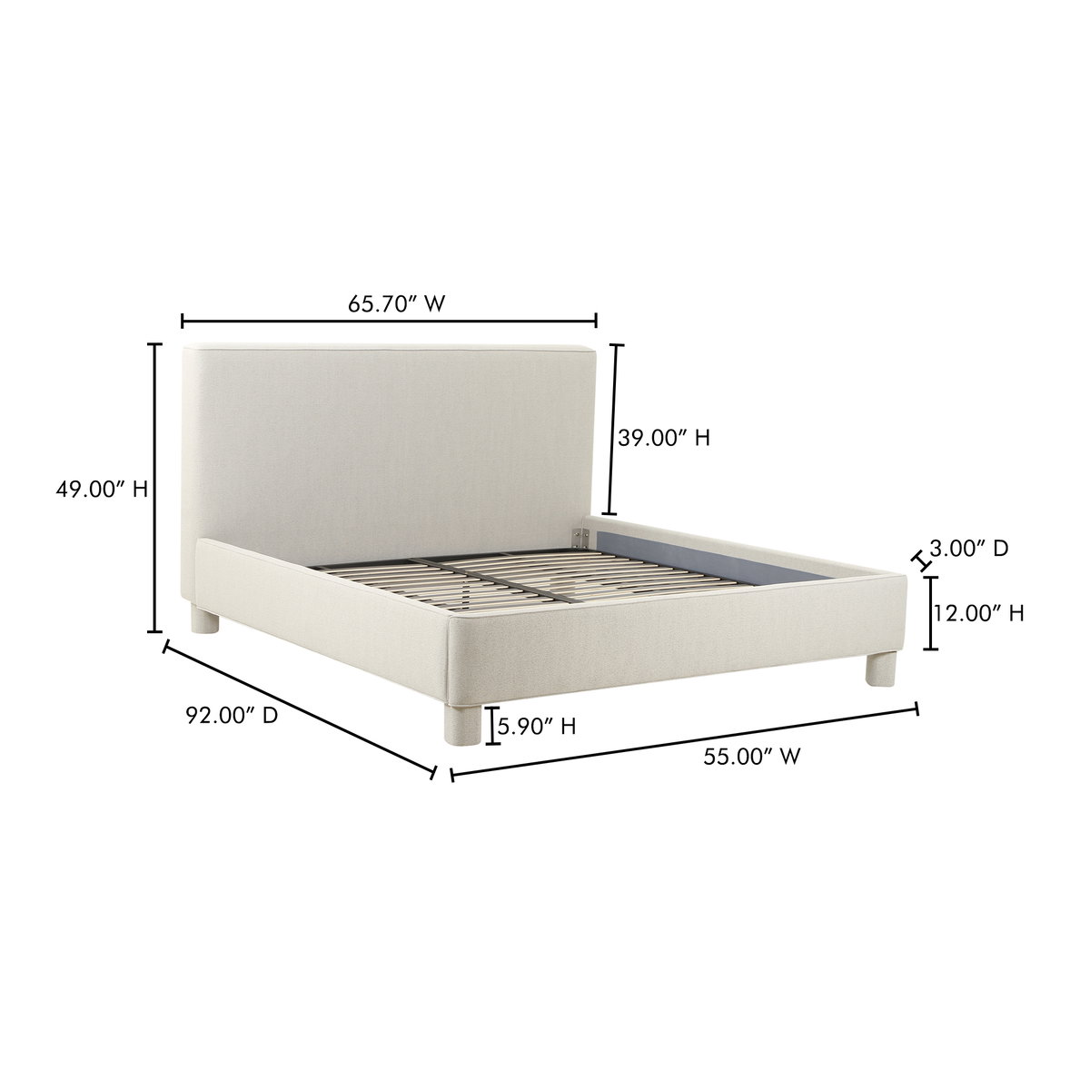Ichigo Queen Bed Light Grey, by Moe's Home, 65.7" width x 49" height x 92" depth View 14