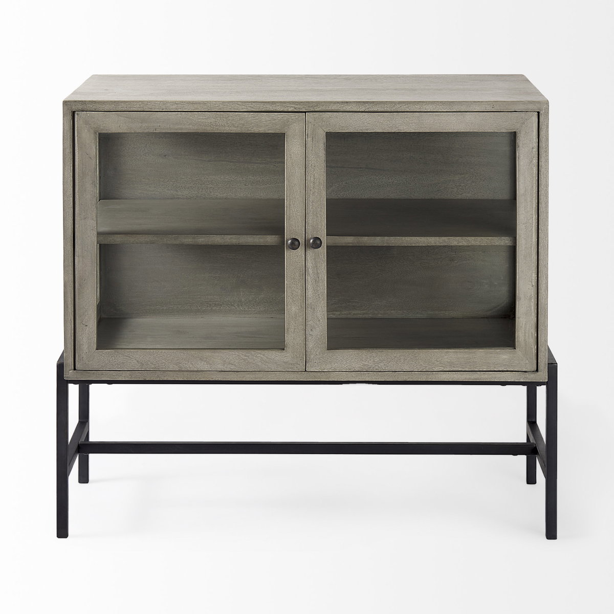 Arelius 36L x 18W x 32H Gray Wood, Black Metal Base with 2 Glass Doors Accent Cabinet, Cabinets & Chest by Mercana, 36" length x 22" width x 27" height View 4