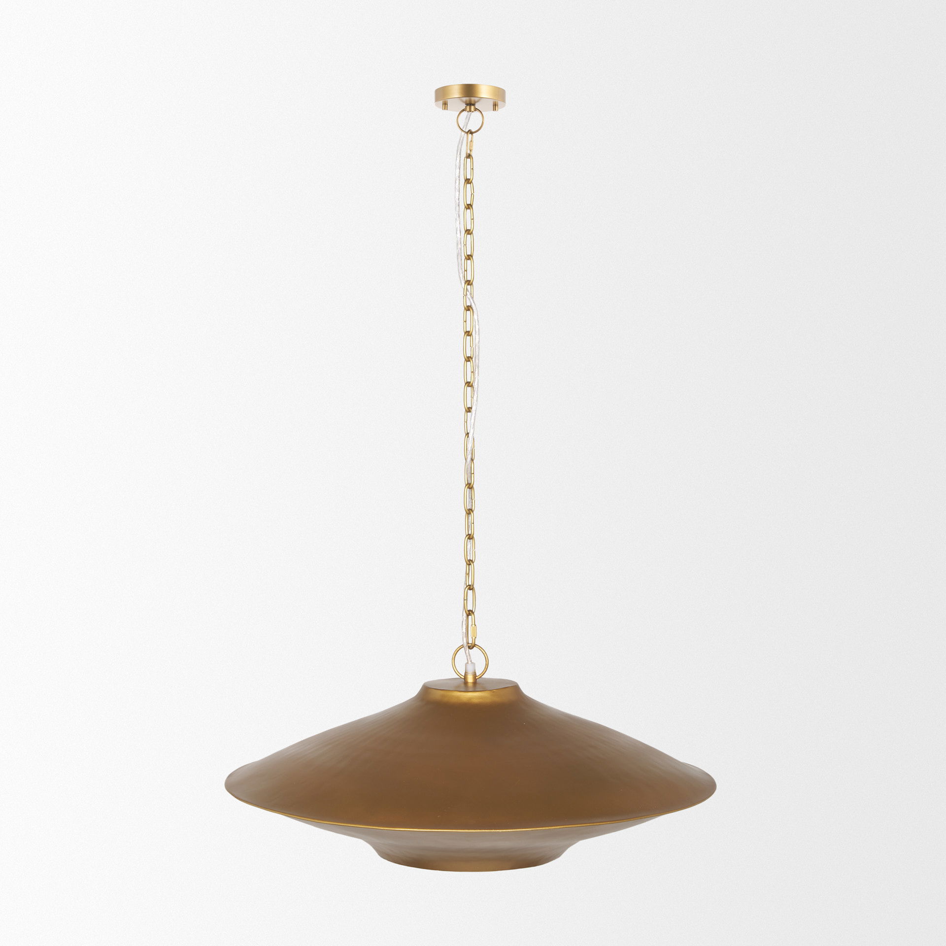Titus 1-Light Brass Finished Metal Disc Pendant, by Mercana, 24" length x 24" width x 8" height View 3