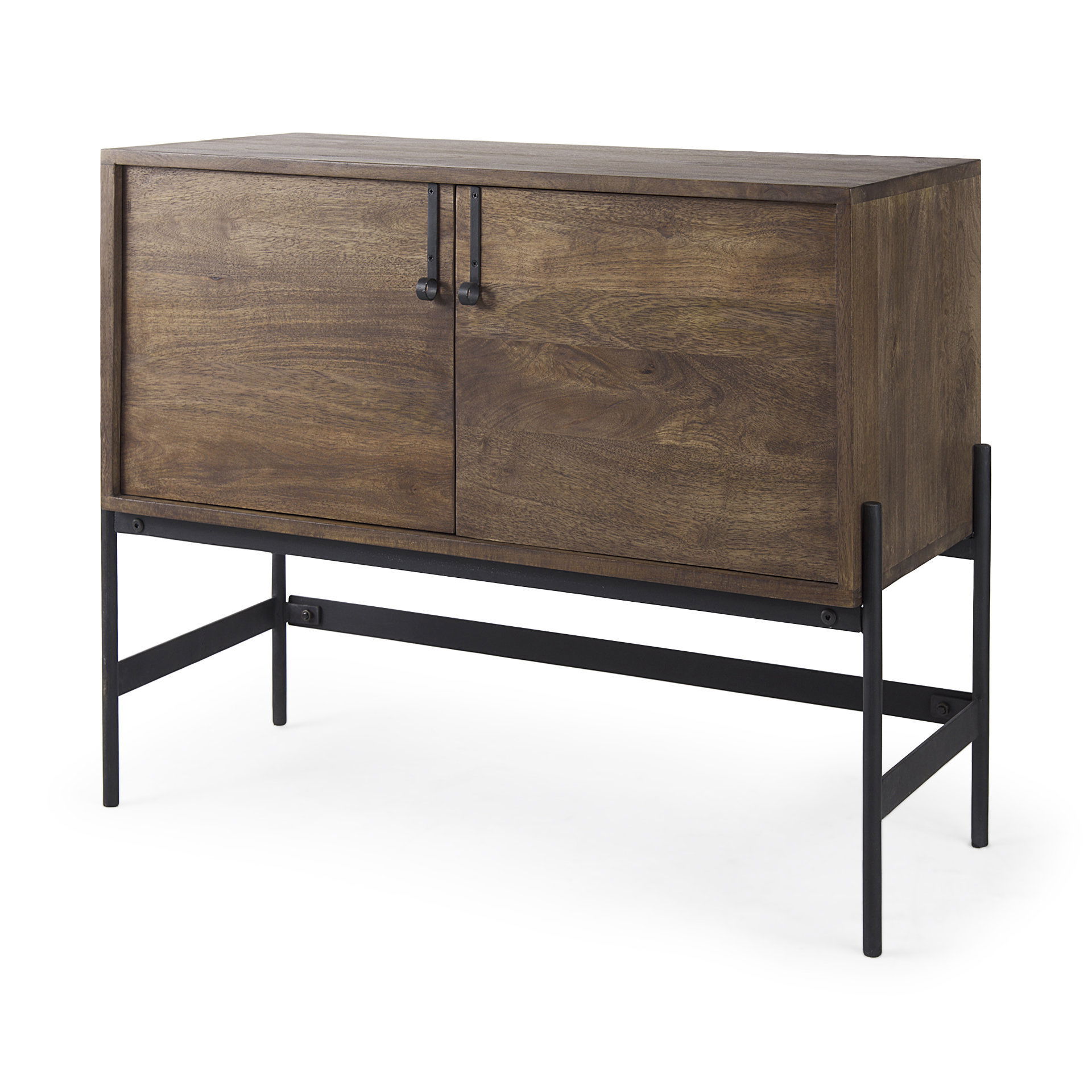 Glenn 38L x 16W x 30H Dark Brown Wood with Black Iron Frame, 2 Door Accent Cabinet, Cabinets & Chest by Mercana, 37.5" length x 16" width x 30" height View 1