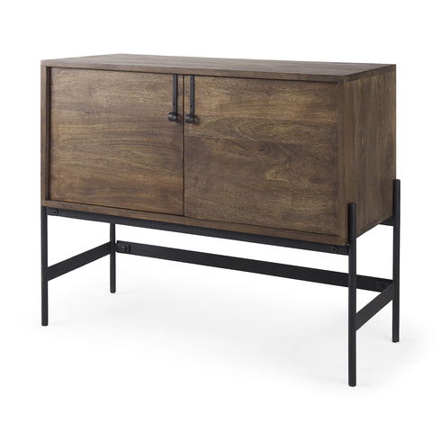 Glenn 38L x 16W x 30H Dark Brown Wood with Black Iron Frame, 2 Door Accent Cabinet