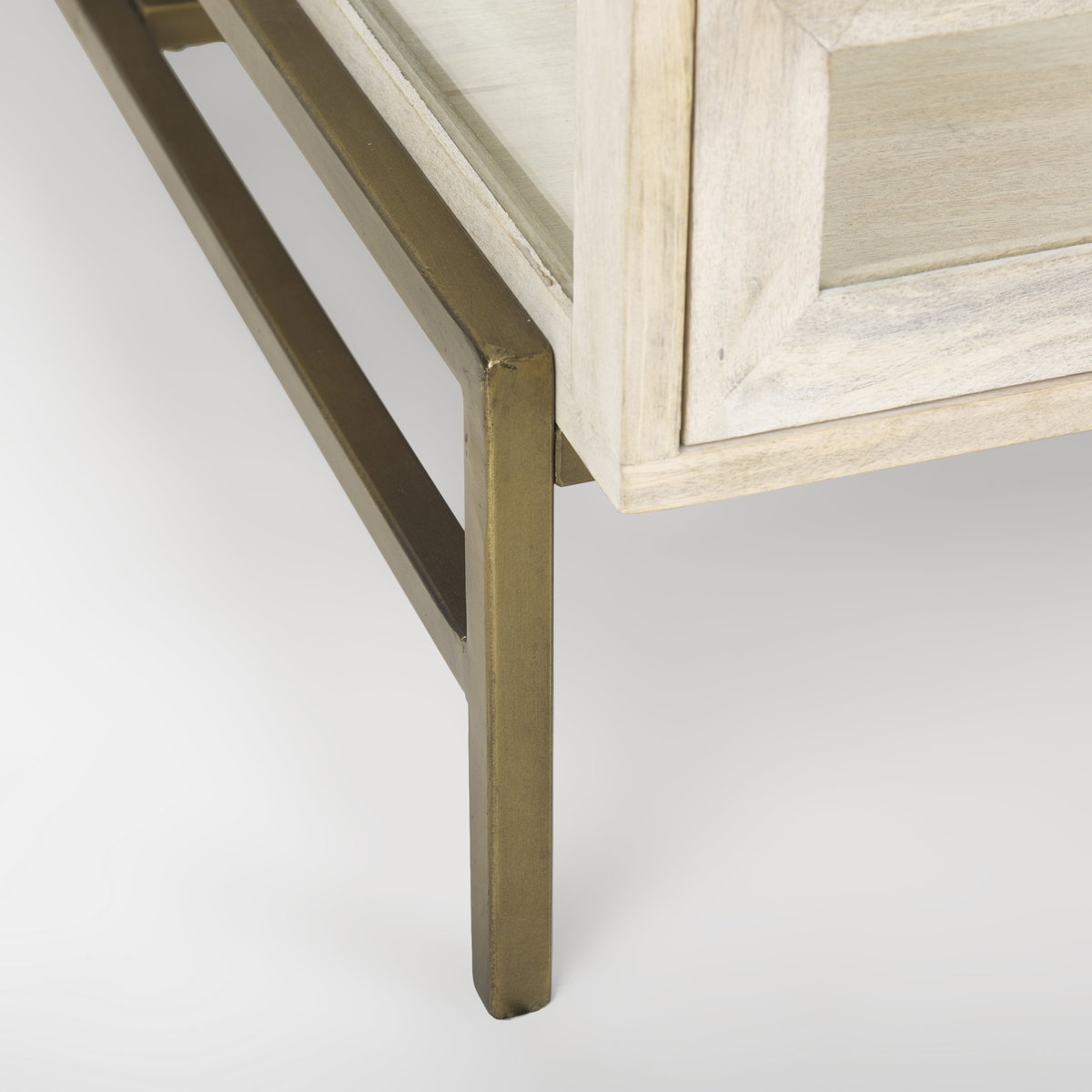 Arelius 42' Square Glass-Top White Wood with Gold Metal Base Display Coffee Table, by Mercana, 43.5" length x 42" width x 15" height View 11