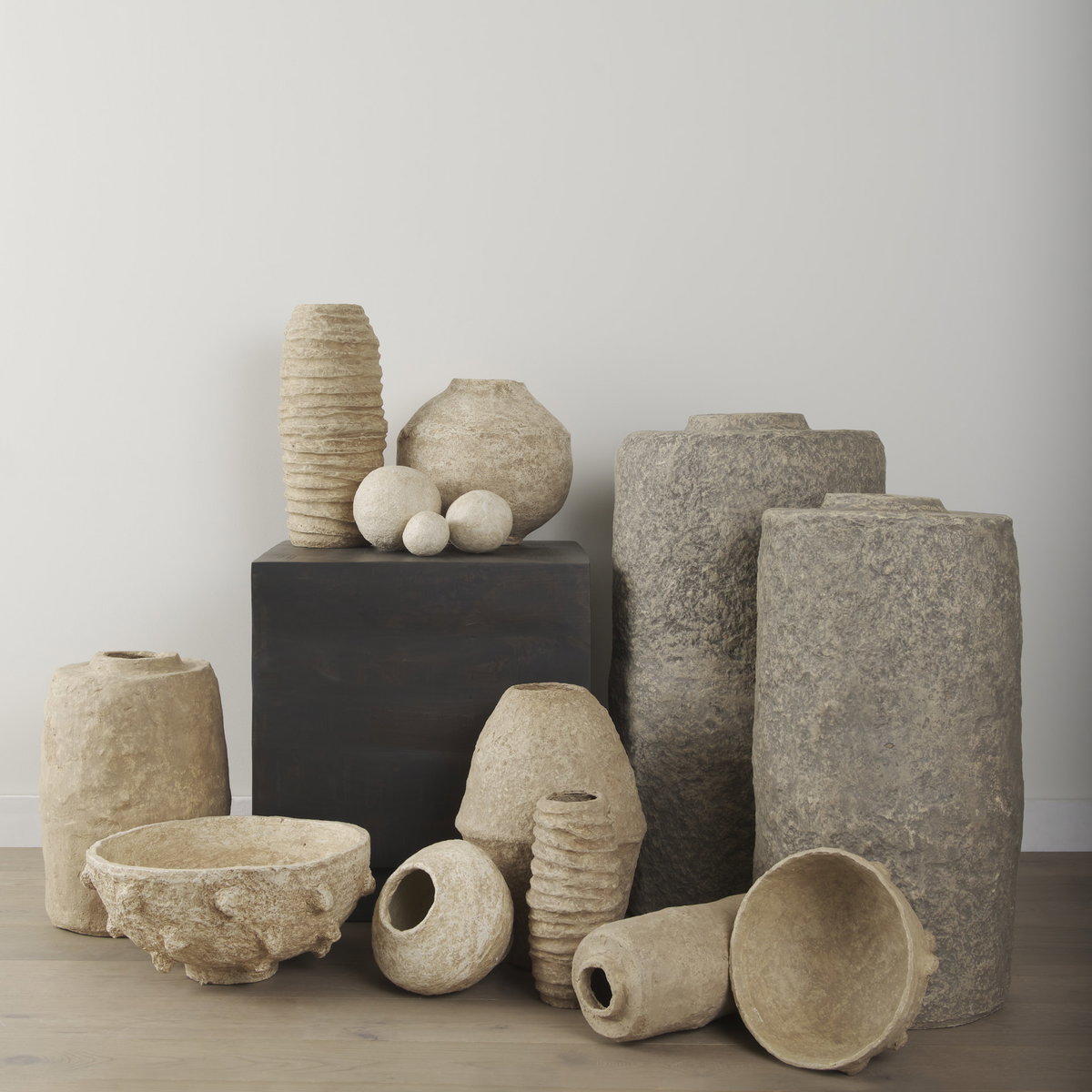 Rundal Large Beige Paper Mache Vase, by Mercana, 12" length x 12" width x 18" height View 2