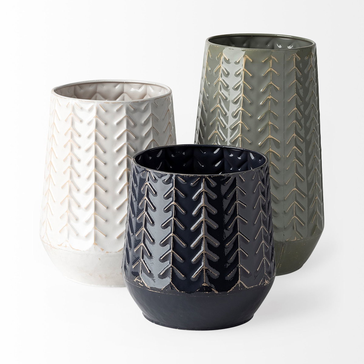 Gemma III Metal Glossy Green/Gray Chevron Vase, by Mercana, 7.09" length x 7.09" width x 11.42" height View 3