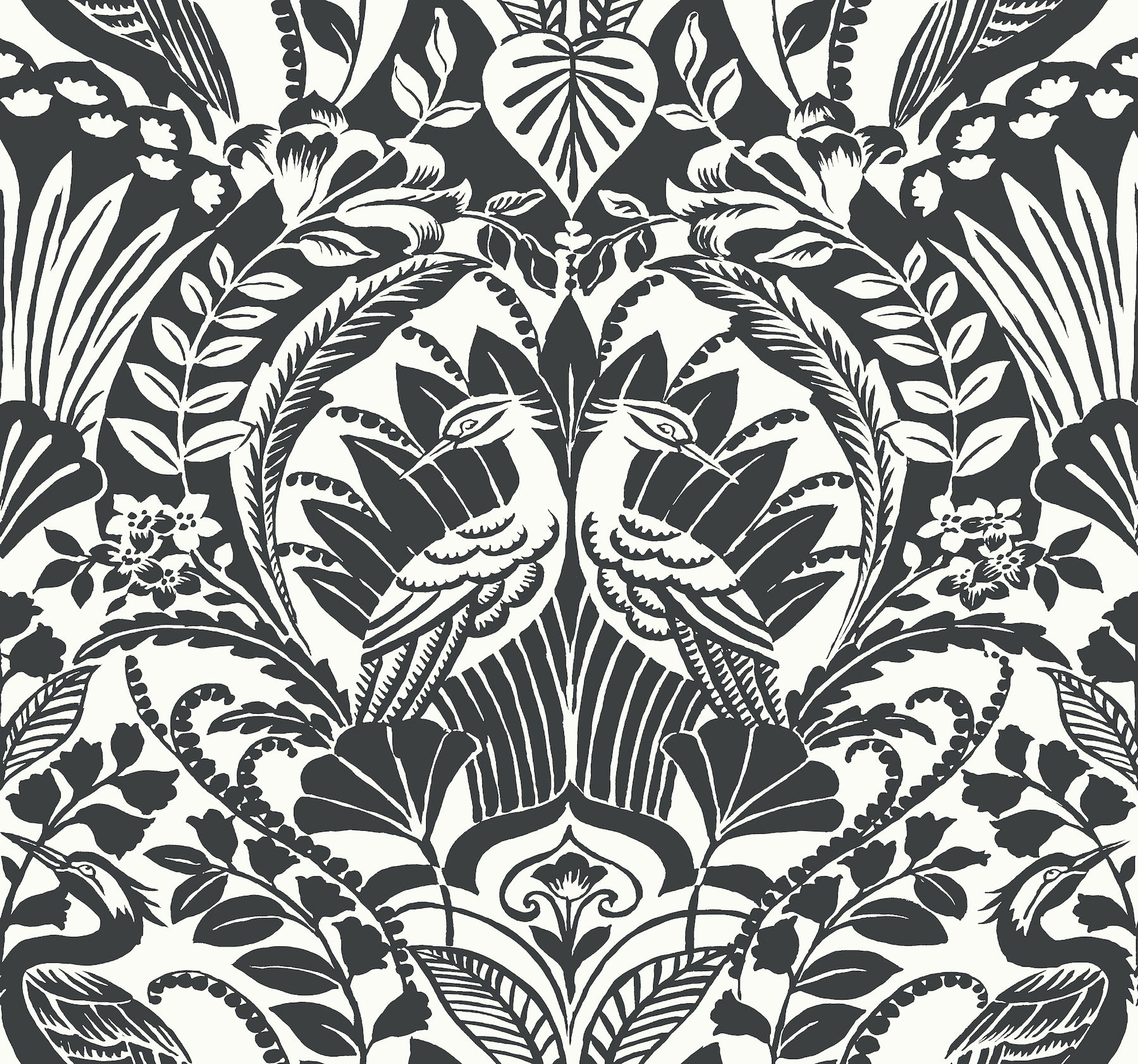Egret Damask Black & White Wallpaper large image 