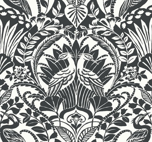Egret Damask Black & White Wallpaper