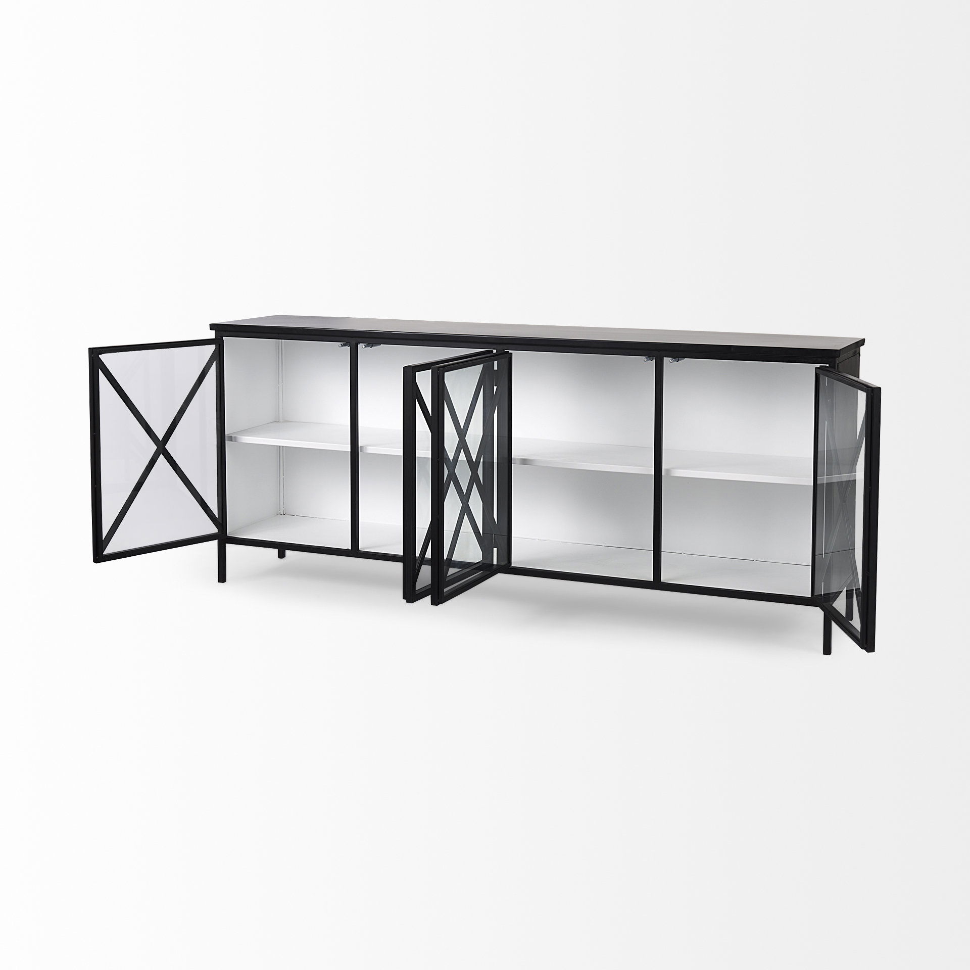 Aurelia  Black and White Metal Four Door Glass Cabinet, Sideboards & Buffet by Mercana, 79" length x 16" width x 33" height View 7
