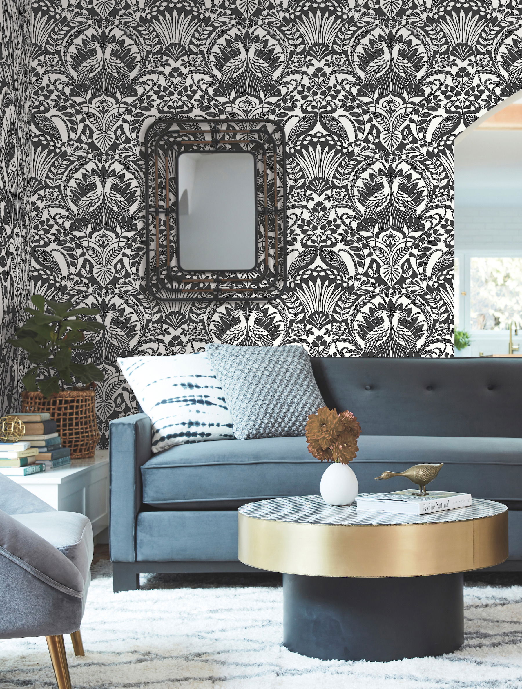 Egret Damask Black & White Wallpaper large image 