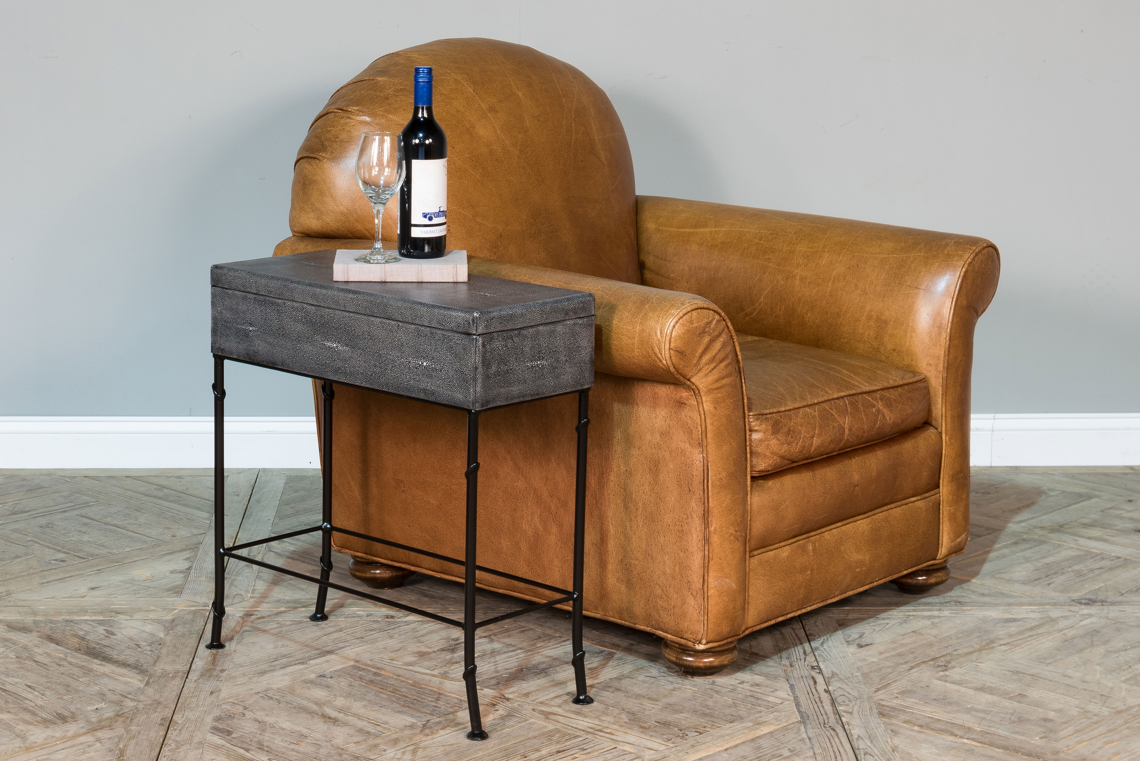 Grey Leather Shagreen Box On Stand, Side & End Table by Sarreid, 24" length x 10" width x 25" height View 13